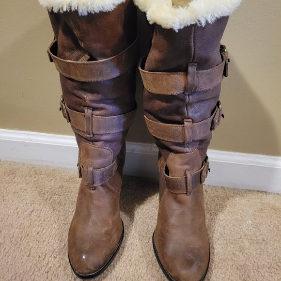 Gianni Bini Leather Faux Fur Lined tall boots, Sherpa Lined 13 Inch. - Picture 1 of 11
